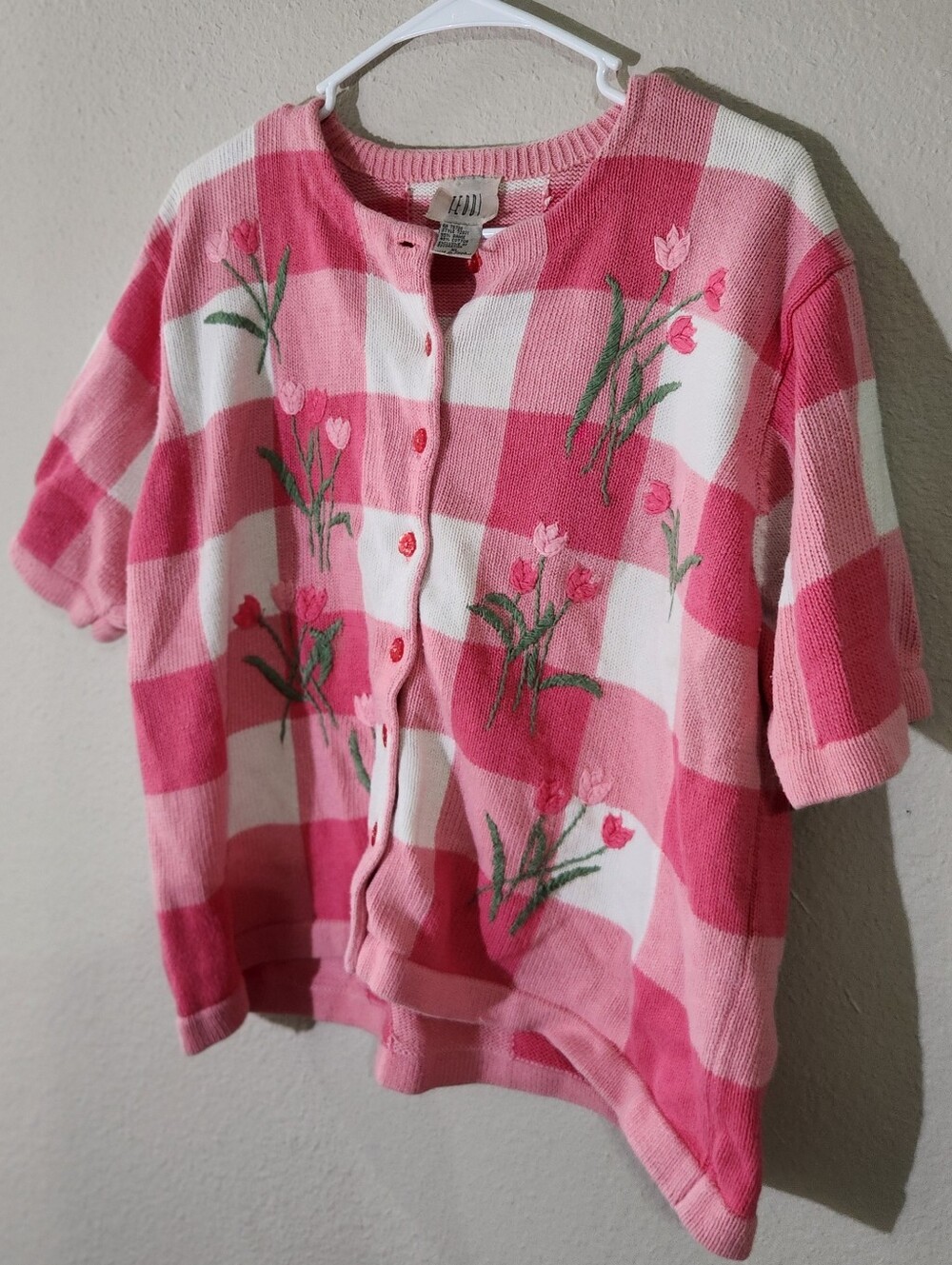 Vintage Teddi Embroidered Knit Short Sleeve Button Down Sweater Top XL - Picture 3 of 9